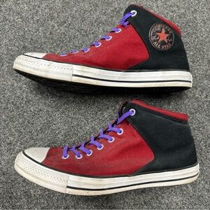 Converse Chuck Taylor Red and Black High-Tops with Purple Laces